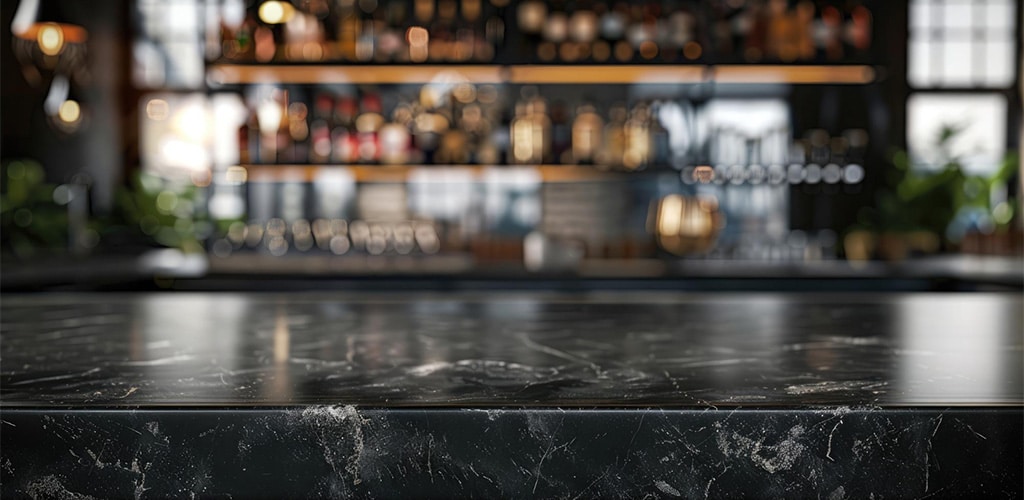 Quartz bar top in a restaurant, example of commercial countertop installation